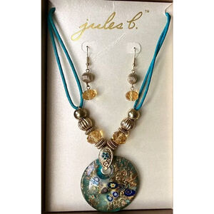 Glass Statement Necklace & Earrings Jewelry GIFT Box Set Beaded Blue Jules B NEW
